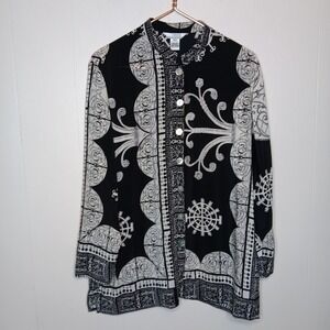 VTG Stonebridge Signature Tunic Top M Black White Geo Silk Long Sleeve Luxury